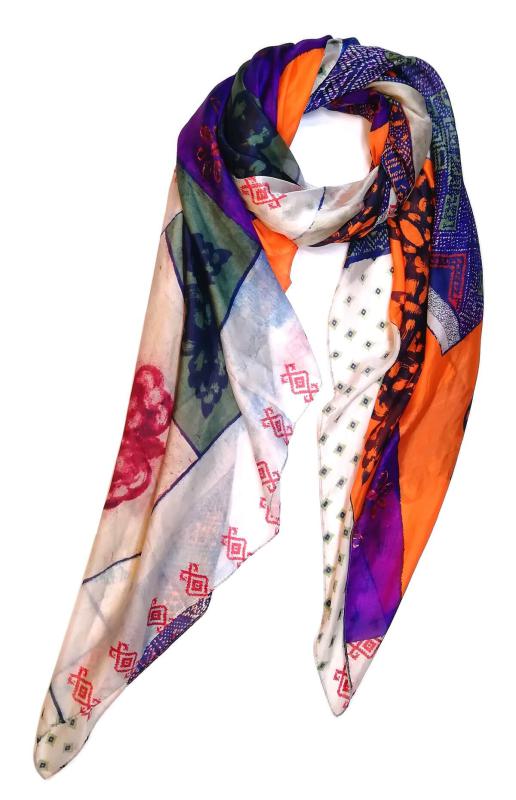 Scarf 100% Silk Paj Festive Colorful Lila Pink Orange Blue Green